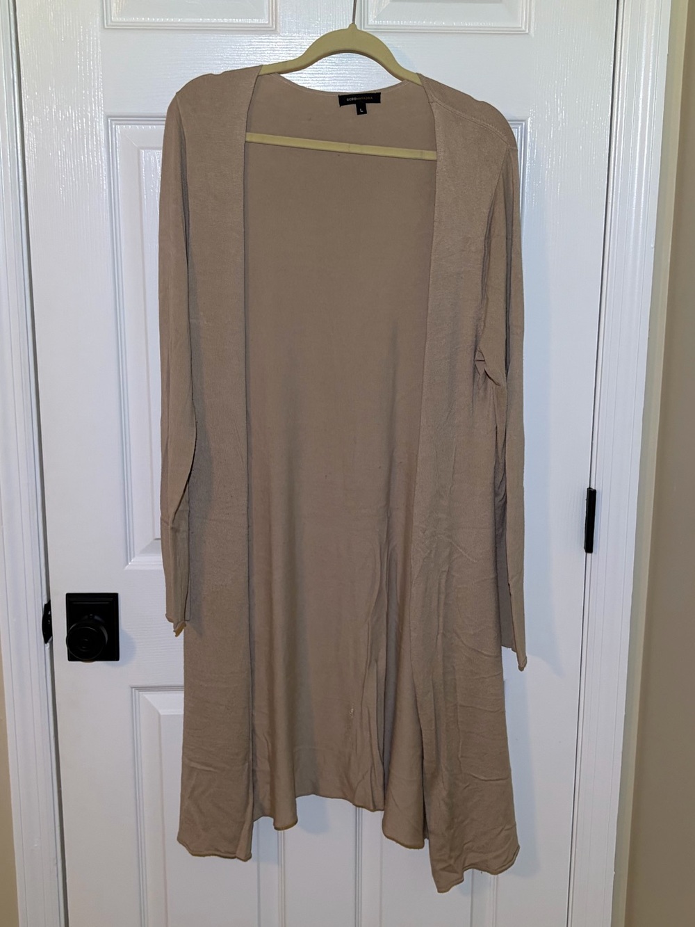 BCBG Long Open Front Oatmeal Taupe Extra Length Long Sleeve Cardigan. Large